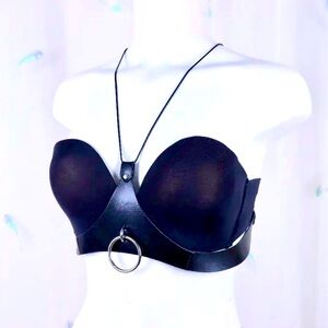 Black faux leather waist belt with ring detail